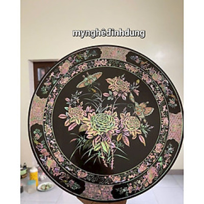 Tráp tròn gỗ trắc khảm ốc đỏ kt mặt tròn 30 cao 11.6cm
