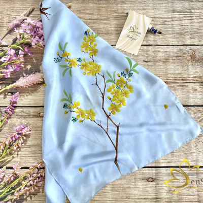 Khăn Lụa Vẽ Tay SenSilk Limited Hoa Mai (Nude-Xanh - Hồng), Quà Tặng Đối Tác, Lụa Tơ Tằm Bảo Lộc 100% Silk made in Vietnam