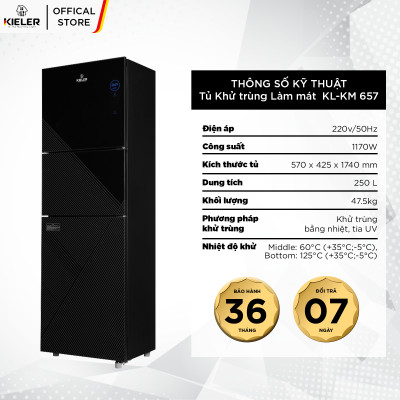 Tủ khử trùng Kieler KL-KM657 dung tích 250L làm mát thực phẩm và khử trùng đồ dùng bếp diệt được các loại virus độc hại  - Hàng Chính Hãng