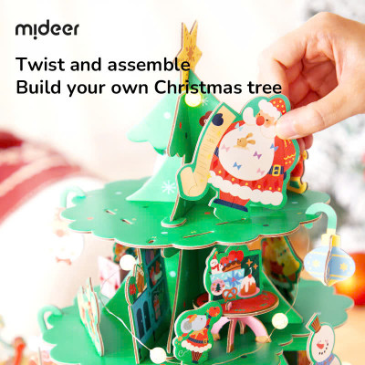 Đồ chơi Xếp Hình Cây Thông Noel Kèm Hộp Nhạc và Đèn Giáng Sinh Mideer Christmas Rotating Music 3D Puzzle 3+