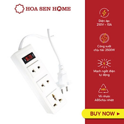 Ổ cắm ba lỗ Điện Quang 002A-02-2M dây dài 2m, tải 2500W, màu trắng - Hoa Sen Home - Hàng chính hãng