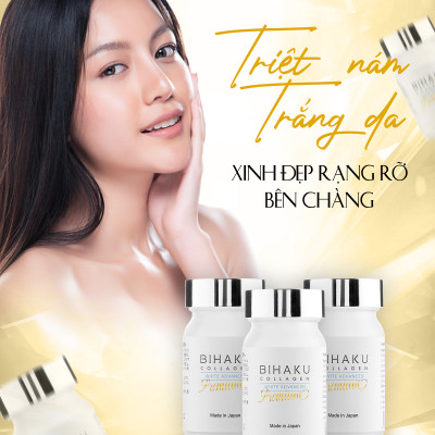 Bộ đôi chống nắng dưỡng trắng da PREMIUM COLLAGEN hộp 30v và BIHAKU SUNSCREEN CARE SPF50+ PA++++ tuýp 35ml giúp hạn chế vấn đề cháy nắng và dưỡng trắng chống lão hóa