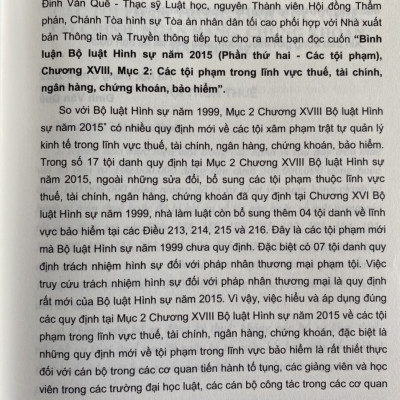 Bình Luận Bộ Luật Hình Sự Năm 2015 - Phần Thứ Hai Các Tội Phạm - Chương XVIII - Mục 2 Các Tội Phạm Trong Lĩnh Vực Thuế, Tài Chính, Ngân Hàng, Chứng Khoán, Bảo Hiểm  