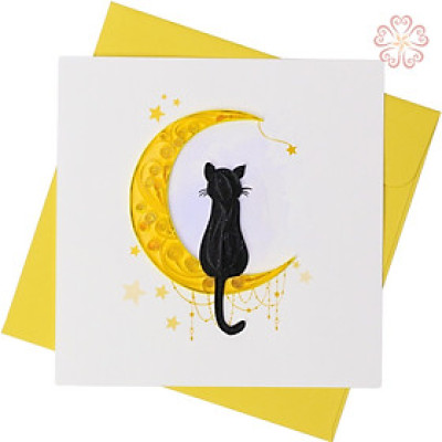 Thiệp giấy xoắn nghệ thuật - chú mèo cưỡi trăng - size 15x15cm