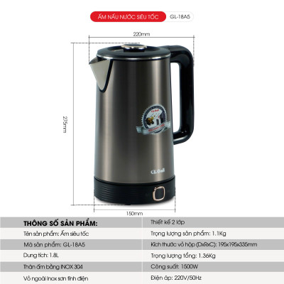 Ấm Siêu Tốc Gali GL-18A5 1.8 Lít. Thiết kế 2 Lớp, chức năng Cảm Ứng Chỉnh Nhiệt Độ. Hàng chính hãng bảo hành 24 tháng