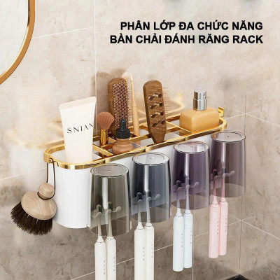 Bộ Nhả Kem Đánh Răng Tự Động Cao Cấp Kèm 4 Cốc – Kệ Để Bàn Chải Gắn Tường