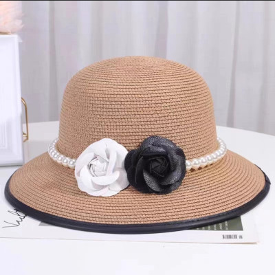 Mũ rộng vành nón đi biển chống nắng gắn hoa voan đen trắng dây đai ngọc trai nhân tạo thời trang Hàn Quốc dona25073102