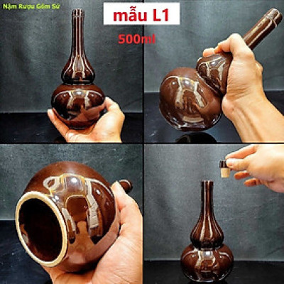 Nậm Rượu 500ML gốm men sứ cao cấp mẫu Hồ Lô cao màu nâu bóng - Nậm Đựng Rượu chất lượng đảm bảo (L1)