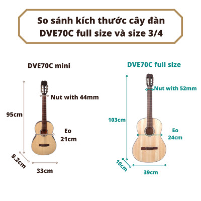 Đàn guitar classic mini DVE70C size 3/4 đàn ghita dành cho trẻ em + Tặng giá trình, Bao da phụ kiện đàn guitar