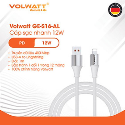 Cáp sạc nhanh Volwatt GE-S16-AL hàng chính hãng | Cáp USB-A to L 12W, thích hợp từ iP14 trở xuống – Dây bện, chống rối, BH 12 tháng