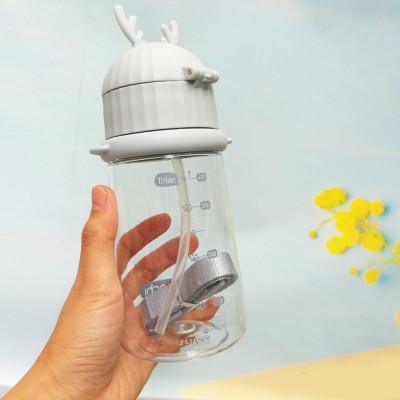 Bình nước có ống mút, có dây đeo Goki Rudy 450ml nắp xừng hươu ngộ nghĩnh - Hàng xuất Nhật