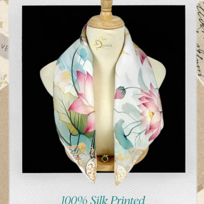 Khăn Lụa in Độc Bản Sen Mặt Trời 65x65cm - Mulberry Silk Gift - Square Towel 65x65 - Quà Tặng Lụa Cao Cấp