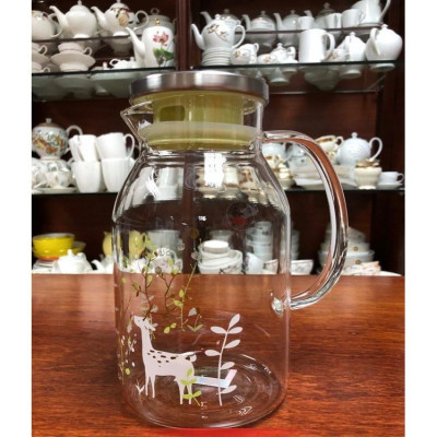 Bình thủy tinh đựng nước chịu nhiệt cao nắp inox họa tiết hoa LL-1,7L -ANTH206