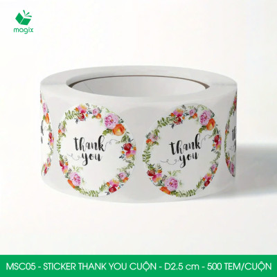 MSC05 - D2.5 cm - 1 Cuộn 500 sticker thank you tròn, nhãn dán thank you, tem dán cảm ơn