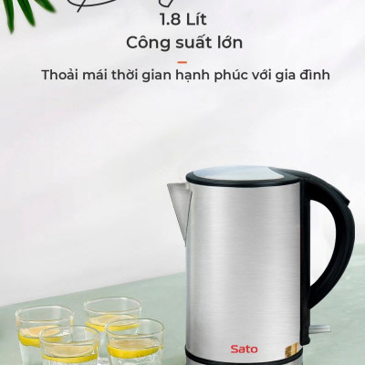 Ấm siêu tốc SATO 17ST12 1.8L - bình đun thông minh tự ngắt an toàn, vỏ inox không gỉ - Miễn phí vận chuyển toàn quốc - Hàng chính hãng