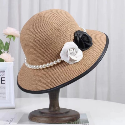 Mũ rộng vành nón đi biển chống nắng gắn hoa voan đen trắng dây đai ngọc trai nhân tạo thời trang Hàn Quốc dona25073102