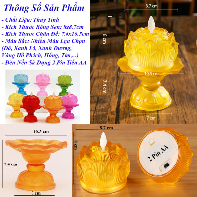 Đèn Nến Điện Tử Hoa Sen Thủy Tinh Nhiều Màu, Dùng Trang Trí Để Ban Thờ Cúng