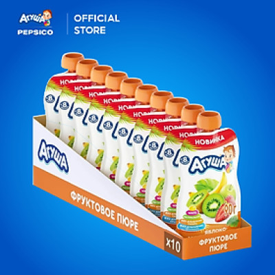 Thùng 10 Gói Trái cây nghiền vị táo, chuối, dâu tây và kiwi Agusha 90g/gói dành cho bé từ 8 tháng trở lên