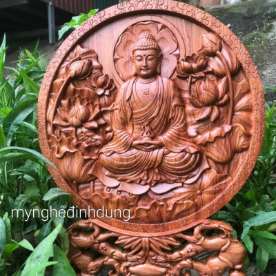 Đĩa khắc phật adi đà bằng gỗ hương đá kt 30cm