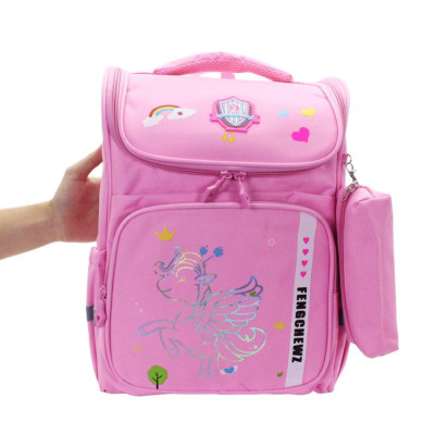Ba Lô Bé Gái Học Sinh Chống Gù Kèm Bóp Viết - Hình Kỳ Lân - Hong Sheng 9882 - Màu Hồng