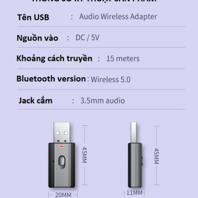 Thiết bị thu phát âm thanh Usb bluetooth 5.0 đa chức năng jack cắm 3.5mm cho loa, Tivi, máy tính, laptop, xe ô tô tặng kèm que chọc sim, Hàng Chính Hãng