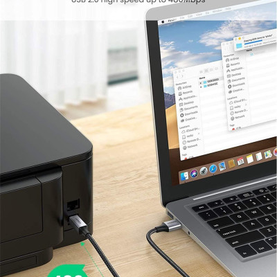 Ugreen UG80801US369TK 1M đầu nhôm dây bọc lưới chống nhiễu cáp máy in màu Đen 2.0 USB A sang B - HÀNG CHÍNH HÃNG