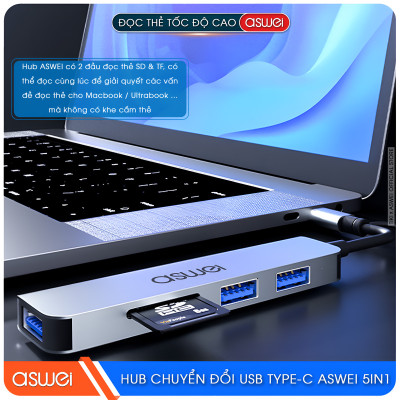 Hub Chuyển Đổi USB Type C ASWEI 5 in 1 - USB 3.0, SD, TF Tốc Độ Cao - Hàng Chính Hãng