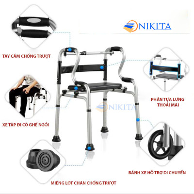 Khung tập đi cho người lớn tuổi, cần phục hồi chức năng, chắc chắn, an toàn, gấp gọn dễ di chuyển, chính hãng Nikita