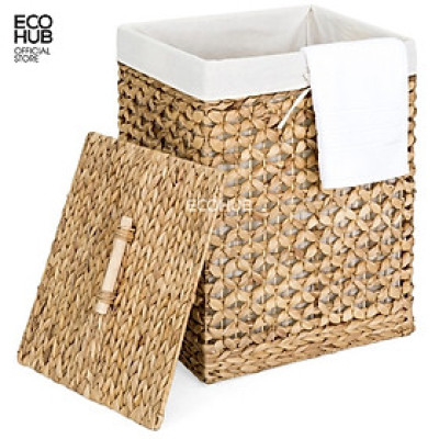 Giỏ lục bình ECOHUB dệt thoi đựng quần áo / Tấm lót có thể tháo rời, có nắp đậy (Water Hyacinth Basket With Lid)