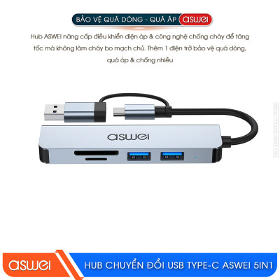 Hub Chuyển Đổi USB Type C ASWEI 5 in 1 - USB 3.0, SD, TF Tốc Độ Cao - Hàng Chính Hãng