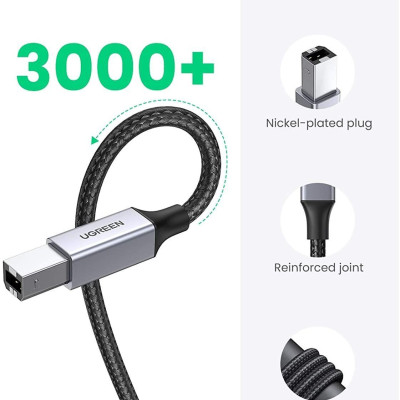 Ugreen UG80801US369TK 1M đầu nhôm dây bọc lưới chống nhiễu cáp máy in màu Đen 2.0 USB A sang B - HÀNG CHÍNH HÃNG