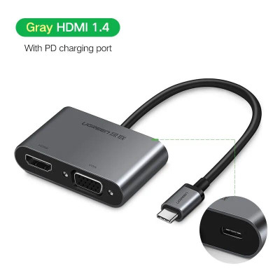 Ugreen UG50738CM162TK 15CM màu Xám Bộ chuyển đổi TYPE C sang HDMI + VGA + hỗ trợ nguồn TYPE C - HÀNG CHÍNH HÃNG