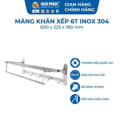 [Chính hãng Qui Phúc] Máng khăn xếp inox 304, có móc treo tiện lợi 6 tấc