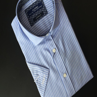 Áo sơ mi nam ngắn tay ALIGRO kẻ xanh trắng chất liệu cotton tự nhiên cao cấp, vạt bằng, form custom sang trọng ALGS-C93