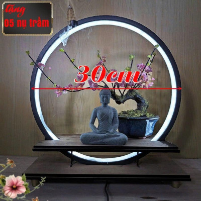 Kệ Gỗ Cao Cấp Kết Hợp Đèn LED Trang Trí Vòng Hào Quang 20/30/40cm – 3 Màu – Decor Bàn Làm Việc, Bàn Trà – Kèm Quà Tặng