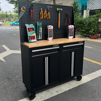 Bộ 2 Tủ dụng cụ CSPS 122cm màu đen mặt ván gỗ kèm vách lưới - 02 hộc kéo (tay cầm trắng)