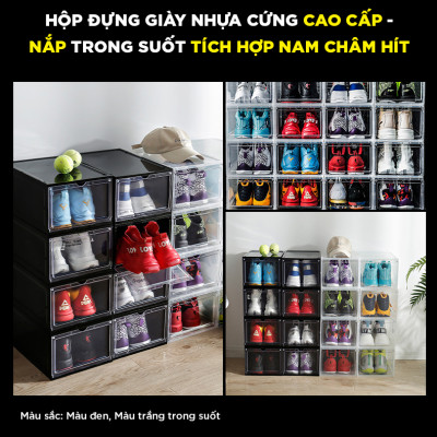 1 HỘP ĐỰNG GIÀY NHỰA CỨNG CAO CẤP -NẮP TRONG SUỐT TÍCH HỢP NAM CHÂM HÍT-MÀU ĐEN