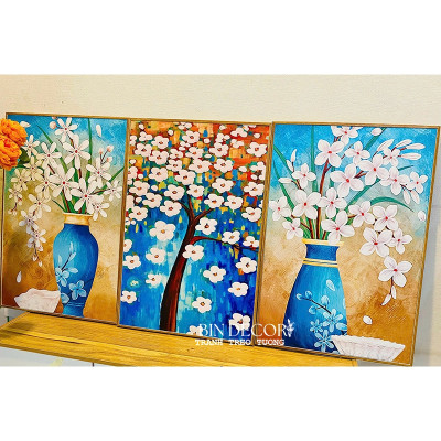 (ẢNH THẬT) Tranh treo tường bình hoa sắc màu trang trí decor kèm đinh