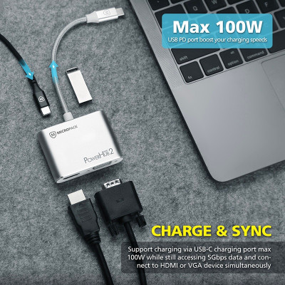 Cổng chuyển đổi MicroPack POWER HUB MINI 2 MDC-4V USB-C To 4 Ports HDMI 4K-60Hz/ VGA FullHD/ USB-C PD 100W/ USB-A Hàng Chính Hãng