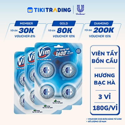 Combo 3 Vỉ Viên Thả Vệ Sinh Bồn Cầu Vim Sạch Khuẩn, Sáng Bóng đến 1600 Lần Xả 180G/Vỉ