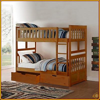 Giường 2 tầng Tundo màu vàng cầu thang treo kèm 2 hộc kéo 1m2