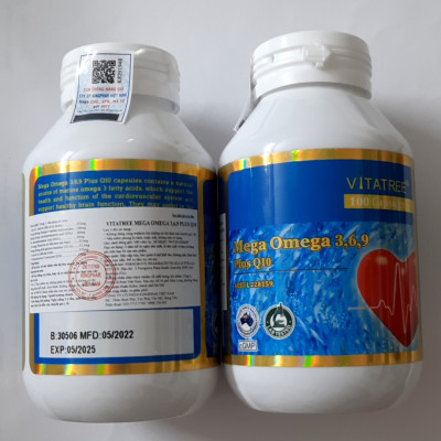 Viên uống Vitatree Mega Omega 369 plus Q10, Lọ 100v, bổ sung dưỡng chất cho mắt, não, tim mạch
