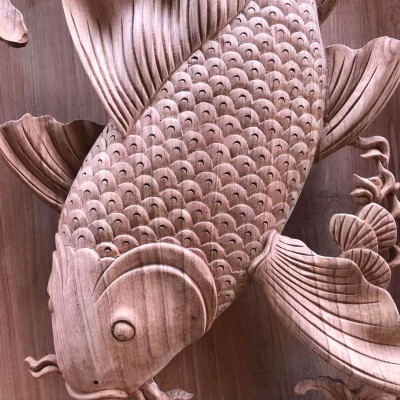 Cặp tranh treo tường lý ngư vọng nguyệt bằng gỗ hương đá siêu víp kt 42×127×8cm