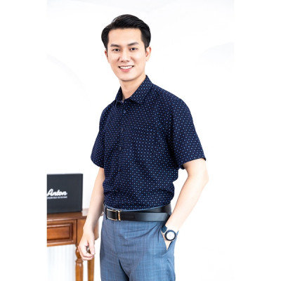 Áo Sơ Mi Nam Công Sở Trung Niên Ngắn Tay Xanh Tím Than Vải Cotton Họa Tiết Hoa Nhí  thương hiệu Anton – 809