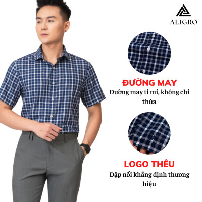 Áo Sơ Mi Nam Cộc Tay Kẻ Caro Màu Xanh Trắng Aligro Algs-c109