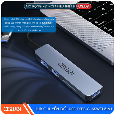 Hub Chuyển Đổi USB Type C ASWEI 5 in 1 - USB 3.0, SD, TF Tốc Độ Cao - Hàng Chính Hãng