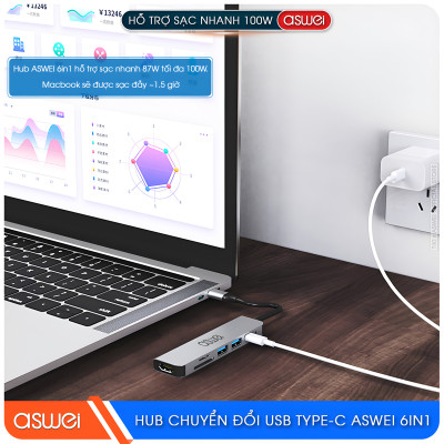 Hub Chuyển Đổi USB Type C ASWEI 6 in 1 - HDMI, USB 3.0, SD, TF, PD 100W Tốc Độ Cao - Hàng Chính Hãng