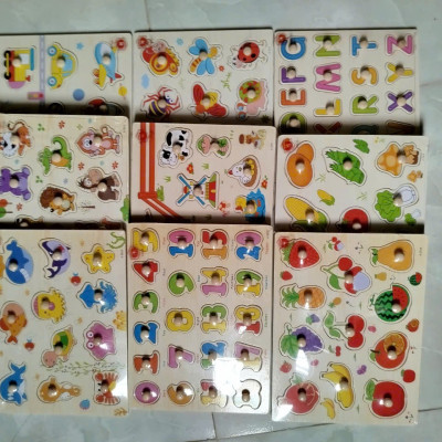 Đồ Chơi Trẻ Em - Đồ Chơi Xếp Hình - Combo 6 Bảng Núm Gỗ Cho Bé (Trái cây, Rau củ, Chữ, Số, Thú rừng, Thú biển)