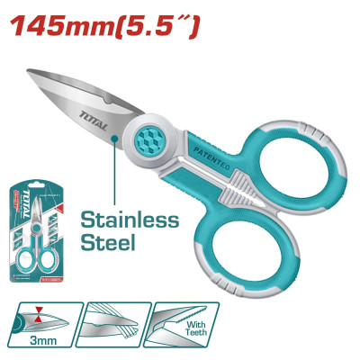 Kéo thợ điện chuyên dụng dài 145mm TOTAL THT1155871 - Làm từ thép không gỉ, độ dày lưỡi kéo 3mm - Tốc độ 247