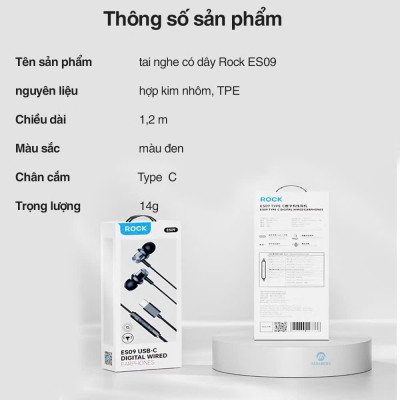 Tai nghe có dây nhét tai có mic ROCKSPACE ES09 chuẩn cắm TypeC dành cho ip15, hàng chính hãng bảo hành 1 năm